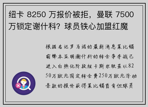 纽卡 8250 万报价被拒，曼联 7500 万锁定谢什科？球员铁心加盟红魔